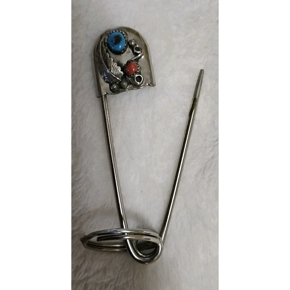 Vtg Large Safety Pin Keychain Coral And Turquoise Inlaid Stones 3